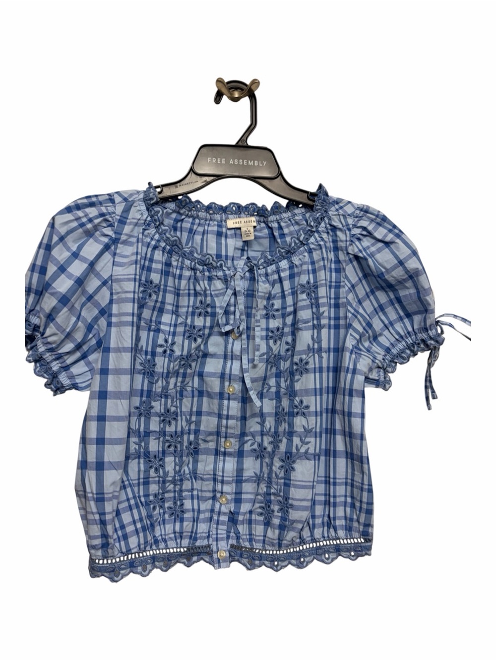 Women’s Blue Plaid Embroidered Peasant Top